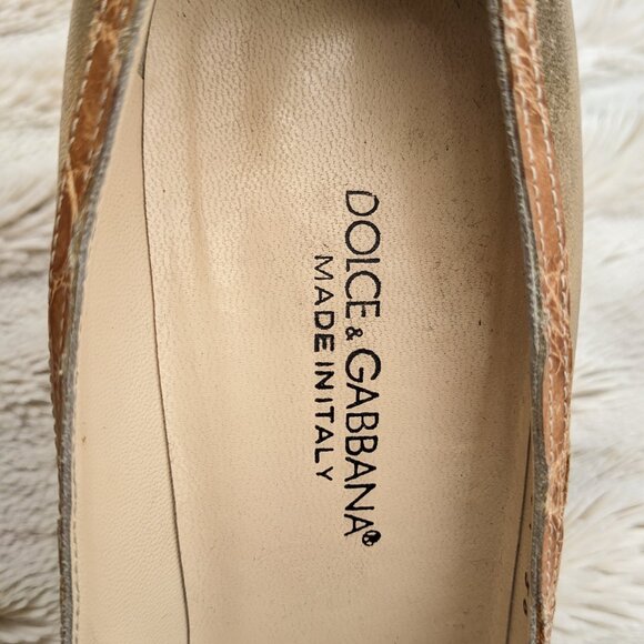 Vintage DOLCE & GABBANA Gold Leather Embossed Croc Trimmed Stiletto Pumps, Sz. 6 - Picture 8 of 16
